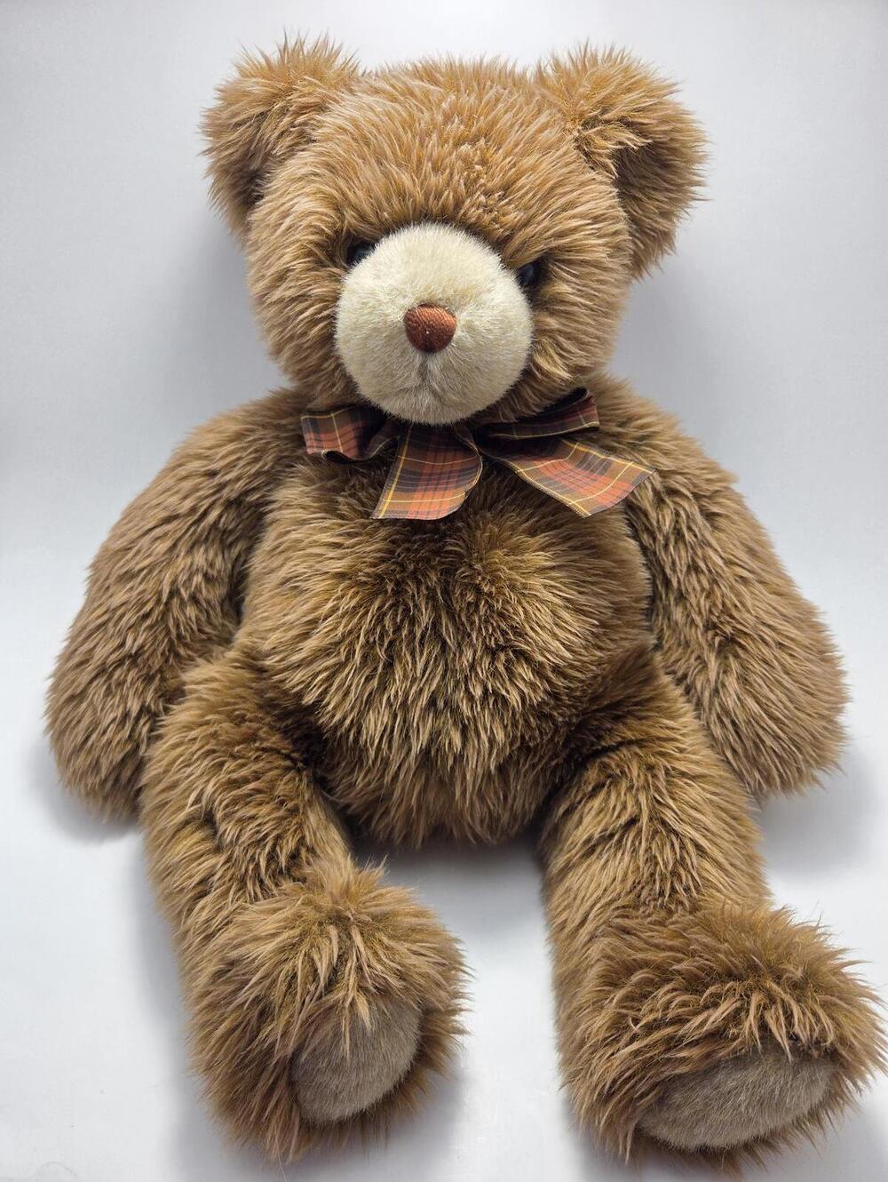 Gund Brown Teddy Bear Plush Long Hair Plaid Bow (15 inch)